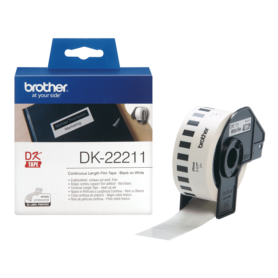 Rolă continuă de film originală Brother DK-22211 – negru pe alb, lățime de 29mm.